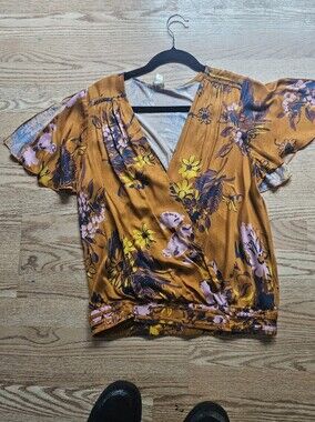 Mustard Floral Blouse From Anthopology Brand with Pink & Yellow Blooms